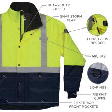 This high-visibility freezer jacket is designed with a heavy-duty zipper for durability and a snap storm flap to provide additional protection from harsh weather conditions. It includes a pen/stylus holder on the sleeve for easy accessibility and a mic tab to securely hold communication devices. The jacket also features two D-rings for attaching accessories, rib knit cuffs for a snug and comfortable fit, and two exterior front pockets for convenient storage.