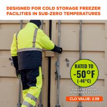 Designed for Cold Storage. This jacket is specifically designed for use in cold storage freezer facilities where temperatures drop to sub-zero levels. It is rated to -50°F (-46°C), making it ideal for extremely cold conditions, and can provide warmth for up to five hours of moderate activity. The CLO value of 2.59 indicates its superior insulation capability.