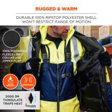 Rugged & Warm. The jacket is made from a durable 100% ripstop polyester shell, ensuring that it does not restrict movement while maintaining its toughness. The collar and zipper flap are lined with 100% polyester fleece, providing additional warmth. The jacket is also water-repellent to keep moisture out and non-bulky, making it comfortable to wear. It is insulated with 200G 3M Thinsulate, which effectively traps heat for maximum warmth.