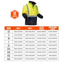Size Chart. The jacket is available in multiple sizes, ranging from XS to 5XL, with detailed measurements for chest, waist, sleeve length, and center back length. The XS size features a chest measurement of 49 inches (125 cm), a waist of 43 inches (109.2 cm), a sleeve length of 26.6 inches (68 cm), and a center back length of 31.5 inches (80 cm). The S size measures 51 inches (130 cm) at the chest, 46 inches (116.8 cm) at the waist, 27.1 inches (69 cm) for sleeve length, and 32 inches (81 cm) at the center 