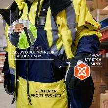 Benefits of the Bib Overalls. These high-visibility freezer bib overalls are designed with adjustable non-slip elastic straps to ensure a secure and comfortable fit. They feature 4-way stretch sides for enhanced mobility and flexibility. Additionally, the overalls have two exterior front pockets for convenient storage.