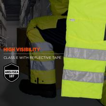 High Visibility. These overalls meet ANSI/ISEA 107 Class E High Visibility standards and feature reflective tape to enhance visibility in low-light conditions, ensuring workplace safety.