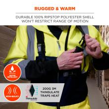 Rugged & Warm. The overalls are made from durable 100% ripstop polyester, ensuring they won’t restrict movement while providing excellent protection. They are also water-repellent to prevent moisture from seeping in and non-bulky for maximum comfort. The insulation consists of 200G 3M Thinsulate, which effectively traps heat and provides warmth in extremely cold environments.