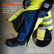 Zippered Legs. The bib overalls feature zippered legs, making them easy to put on and take off over boots. They are also equipped with a dual closure system to ensure a secure fit around the boot, preventing cold air from entering.
