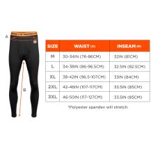 Lightweight Base Layer Pants Size Chart: Medium (M): Waist 30-34IN (76-86CM), Inseam 32IN (81CM). Large (L): Waist 34-38IN (86-96.5CM), Inseam 32.5IN (82.5CM). Extra Large (XL): Waist 38-42IN (96.5-107CM), Inseam 33IN (84CM). 2X Large (2XL): Waist 42-46IN (107-117CM), Inseam 33.5IN (85CM). 3X Large (3XL): Waist 46-50IN (117-127CM), Inseam 33.5IN (85CM). Polyester spandex will stretch.
