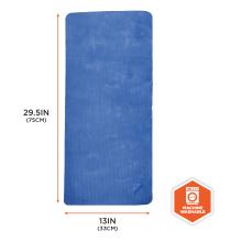 Blue textured rectangular mat with rounded corners, orange arrows showing 29.5in by 13in measurements, and an orange "machine washable" badge