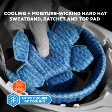 Cooling and moisture-wicking hard hat sweatband, ratchet and top pad. Features moisture-wicking performance and provides up to 2 hours of cooling.