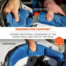Padding for comfort. Offers additional cushioning at the front, back, and top of the head. Identifies the top pad, ratchet pad, and sweatband, and highlights a non-bulky design.