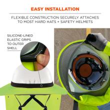 Easy installation. Flexible construction securely attaches to most hard hats and safety helmets. Silicone-lined elastic grips attach to the outer shell to keep the shade in place.