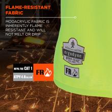 Flame-resistant fabric. Modacrylic fabric is inherently flame resistant and will not melt or drip. Rated NFPA 70E CAT 1 with ATPV 4.6 cal/cm². FR designated branding is shown.