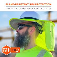 Flame-resistant sun protection. Protects face and neck from sun damage while maintaining flame-resistant performance. UPF 50+ rating and FR icon are displayed.
