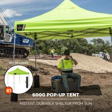 kit includes 6000 pop-up tent that provides instant durable shelter from sun.