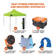Heat stress prevention and recovery station kit includes 1 6000 heavy duty pop up tent, 1 5171 hard sided cooler, 1 6090 portable jobsite fan, 1 6210 phase change cooling vest, and 6 6602 evaporative cooling towels.