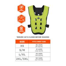 Care and sizing information. Vest is anti-microbial, hang to dry, and machine washable. Ensure cap is closed before washing. Size chart shows: XS fits chest size 36–40IN (91–102CM); S/M fits 41–44IN (104–112CM); L/XL fits 45–49IN (114–125CM); 2XL/3XL fits 50–54IN (127–137CM).