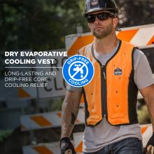 Dry evaporative cooling vest. Provides long-lasting, drip-free core cooling relief. Drip-free cooling feature is highlighted .