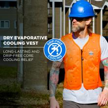 Dry evaporative cooling vest: provides long-lasting and drip-free core cooling relief .