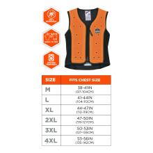 Care and sizing information. Vest is anti-microbial, hang to dry, and machine washable. Size chart shows: M: Fits chest size 38–41IN (97–104CM). L: Fits chest size 41–44IN (104–112CM). XL: Fits chest size 44–47IN (112–119CM). 2XL: Fits chest size 47–50IN (119–127CM). 3XL: Fits chest size 50–53IN (127–135CM). 4XL: Fits chest size 53–56IN (135–142CM) .