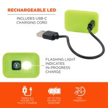 Rechargeable LED: Includes a USB-C charging cord. A flashing light indicates charging in progress. It takes 6.5 hours to fully charge, provides up to 10.5 hours of runtime, and is TSA-friendly.