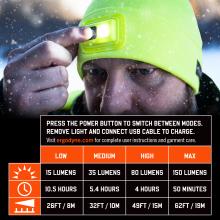 Run Times: Low mode: 15 lumens, 10.5 hours, 26 ft / 8 m. Medium mode: 35 lumens, 5.4 hours, 32 ft / 10 m. High mode: 80 lumens, 4 hours, 49 ft / 15 m. Max mode: 150 lumens, 50 minutes, 62 ft / 19 m. Press the power button to switch between modes.