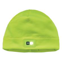 Front of lime winter skull cap with led light on