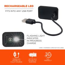 Rechargeable LED: Fits into any USB port. USB-C charging cord not included. A flashing light indicates charging in progress. It takes 6.5 hours to fully charge, provides up to 10.5 hours of runtime, and is TSA-friendly.