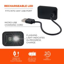 Rechargeable LED: Micro-USB charging cord fits into any usb port. Flashing light indicates in-progress charge. Takes 6.5 hours to fully charge. Up to 10.5 hours of runtime. TSA-friendly.