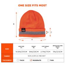 One size fits most. Hat fits a head size that is 14.5 inches or 37cm in diameter, 9 inches or 23cm in height, features a cuff height of 2.7 inches or 7cm, and a reflective tape height of 1 inch or 2.5cm. Fabric is made of 100% acrylic rib knit and features moderate thickness.