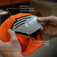 Zippered hat compartment houses insert, fold bump cap to insert