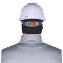 Rear view of person wearing a white safety helmet with gray adjustment strap and orange dial, black neck covering and gray jacket