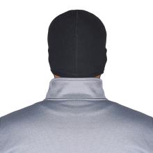 Back of a head wearing a black fitted cap with a center seam, gray sweatshirt collar visible