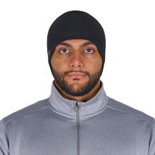 Close-up of a man's face wearing a black fitted head covering and a gray zip-up jacket, showing eyes and beard.