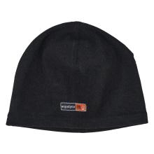 Black knit beanie with a vertical center seam and a small black-and-orange rectangular stitched patch near the hem.