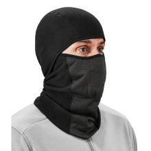 3q view of a wind-proof hinged black balaclava face mask on a model