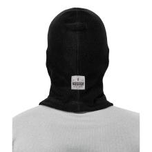 Back of black FR fleece balaclava face mask on model