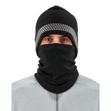 Front of black reflective balaclava face mask on model