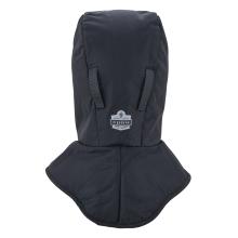 Black padded hood with wide cape-like neck protector, two stitched fabric loops and a small round logo patch