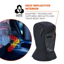 Black hood with textured reflective interior, circular inset of a bearded man, hexagonal flame logo and 'HEAT REFLECTIVE INTERIOR' text.