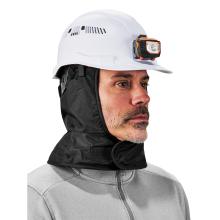 3q view of a black polyester winter hard hat liner on a model underneath a hard hat