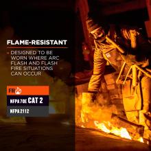 fire-resistant: designed to be worn where arc flash and flash fire situations can occur. nfpa 70e CAT 2 / nfpa 2112 CAT 2 .