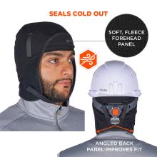 Close-up of a man wearing a black fleece-lined balaclava hood and gray zip jacket, white helmet visible.