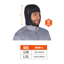 Man in profile wearing a black fitted hood with chin strap and gray zip jacket; orange measurement arrows and machine-washable badge visible.