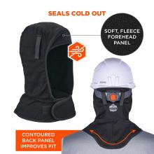 Black hood liner shown front and back with soft fleece forehead panel, white hard hat placed on top, magnified fleece texture and orange callouts