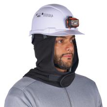 White safety hard hat with an orange-black mounted headlamp worn by a person in a black hood and gray zip-up top, partial face visible.