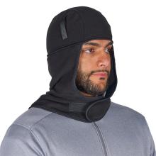 Close-up of a man's face wearing a black hooded balaclava with layered neck covering over a gray zippered top