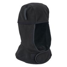 Black fleece hood with open face, extended neck coverage and exterior hook-and-loop strap