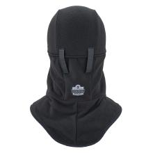 Black fleece hood with extended neck covering, two short fabric straps on the front and a small rectangular patch at center