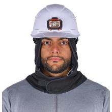 Close-up of person wearing white hard hat with black-and-orange front headlamp, black hood and gray zip jacket, showing eyes and lower face.