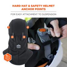 Split image showing a black fabric helmet liner with numbered orange anchor markers and a hand adjusting a strap and orange button inside a white hard hat