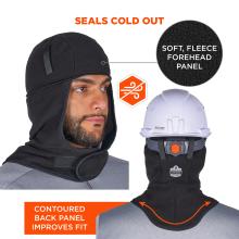 Man wearing black fleece hood/balaclava shown front and back, close-up of forehead panel and helmet fit.