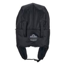 Black winter trapper hat with ear flaps, faux-fur lining, chin strap, two front straps and a visible rectangular logo patch on the front